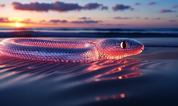 A shimmering serpent glides across the golden sands as the sun sets over tranquil ocean waves