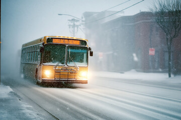 A bus sliding on an icy street during a snowstorm, the driver trying to regain control while visibility is extremely low.