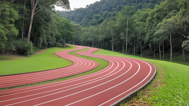 Curved red running track surrounded by lush green trees