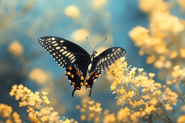 Butterfly Flying Over Beautiful Yellow Flowers