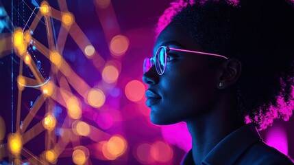 Woman Studies Digital Data Through Innovative Technology in a Vibrant Environment of Light and Color