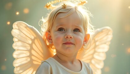 Fototapeta premium Little girl with golden halo and angel wings with copy space