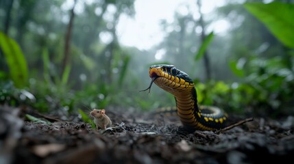 Fototapeta premium Cobra's Forest Feast: A king cobra devours a mouse in a dense forest.