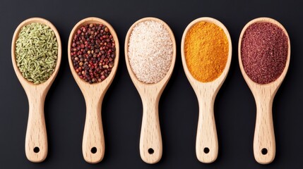 Vibrant array of colorful spices in wooden scoops against a dark backdrop for gourmet cooking inspiration