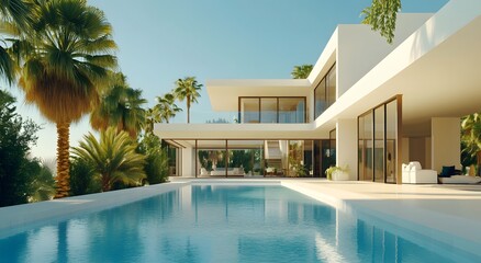 Fototapeta premium A contemporary modern white villa with large windows, surrounded by palm trees and an infinity clear swimming pool in front. The style is high luxury with detailed architecture and modern furnishings.