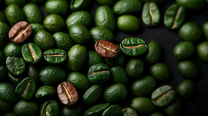 A captivating image of fresh green coffee beans, showcasing their unique texture and color, highlighting the beginnings of the coffee journey