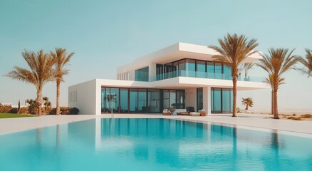 Fototapeta premium A contemporary modern white villa with large windows, surrounded by palm trees and an infinity clear swimming pool in front. The style is high luxury with detailed architecture and modern furnishings.