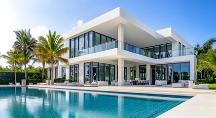Fototapeta premium A contemporary modern white villa with large windows, surrounded by palm trees and an infinity clear swimming pool in front. The style is high luxury with detailed architecture and modern furnishings.