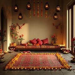 Hyper realistic photographic image, Indian diwali decorated empty home living room, decorated with diyas, lanterns, rangoli,generative ai