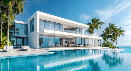Fototapeta premium A contemporary modern white villa with large windows, surrounded by palm trees and an infinity clear swimming pool in front. The style is high luxury with detailed architecture and modern furnishings.