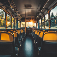 Empty School Bus Interior at Sunrise