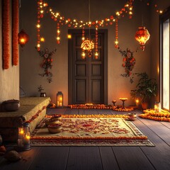 Hyper realistic photographic image, Indian diwali decorated empty home living room, decorated with diyas, lanterns, rangoli,generative ai