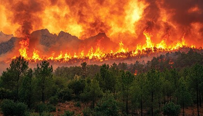 A Fiery Blaze Engulfs a Dense Forest on a Mountainside