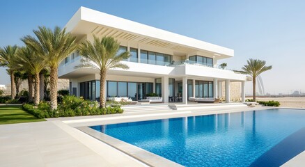 Fototapeta premium A contemporary modern white villa with large windows, surrounded by palm trees and an infinity clear swimming pool in front. The style is high luxury with detailed architecture and modern furnishings.