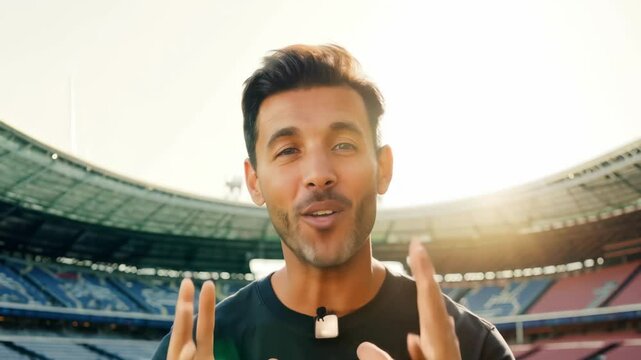 Smiling male sports commentator at a football stadium during a sunny day. Concept of sports presenter, football review, stadium coverage, broadcasting professional. Fan, Soccer game