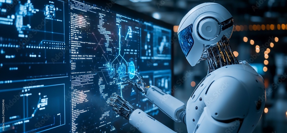 Poster A white humanoid robot interacts with a large digital display showing technical data.