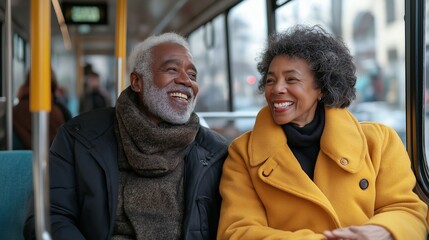 A diverse elderly couple smiling warmly at each other while sitting together in a public transport setting