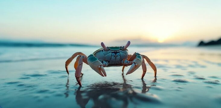 A close-up shot of a ghost crab on a sandy beach at dawn