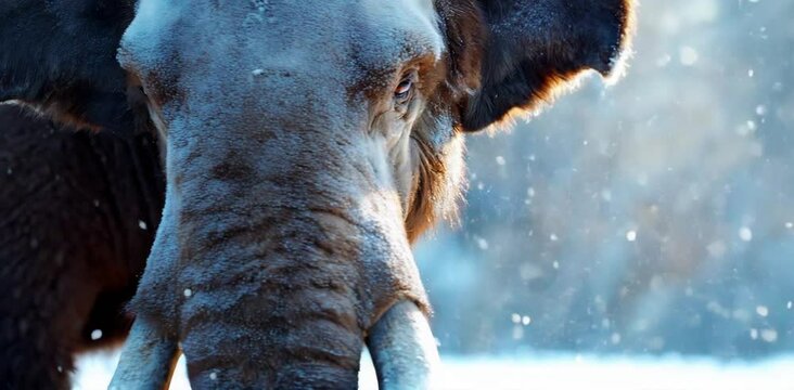 A close-up of a woolly mammoth in a snow-covered landscape