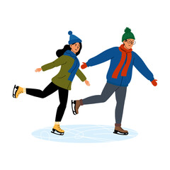 Two friends ice skating joyfully on a frozen lake during winter in a picturesque park