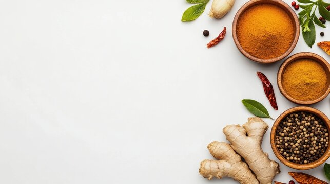 Vibrant turmeric, ginger, and cumin in rustic bowls on a light gray table, perfect for culinary inspiration or spice-themed banners