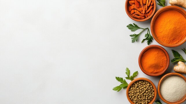 Colorful turmeric, ginger, and cumin spices arranged in wooden bowls on a light gray table creating a vibrant culinary atmosphere for recipes