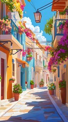 A colorful street in Greece with beautiful buildings and flower pots on the balconies, a sunny day, in the style of a cartoon