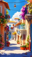 A colorful street in Greece with beautiful buildings and flower pots on the balconies, a sunny day, in the style of a cartoon