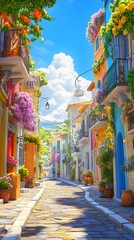 A colorful street in Greece with beautiful buildings and flower pots on the balconies, a sunny day, in the style of a cartoon