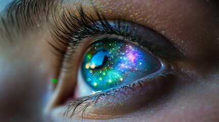 Close-up of a person's eye reflecting a vibrant galaxy with stars and colors