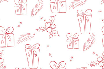 New Years pattern in the style of a sketch with gifts and holly. Vector illustration