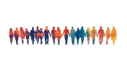 Naklejka premium A minimalistic illustration of a diverse group of people walking together, depicted in vibrant colors against a white background