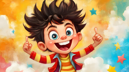Fototapeta premium A happy cartoon boy with bright eyes and a big smile, raising his thumbs. Colorful background.