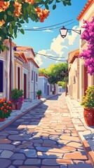 A colorful street in Greece with beautiful buildings and flower pots on the balconies, a sunny day, in the style of a cartoon