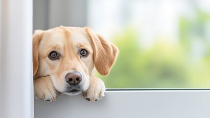 Dog and Curtain Tiebacks: A dog playfully biting at the tiebacks of curtains.