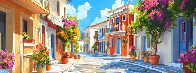 A colorful street in Greece with beautiful buildings and flower pots on the balconies, a sunny day, in the style of a cartoon