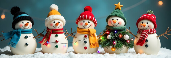 Set cheerful snowmen in different costumes, scarves and hats, one of the snowmen is dressed as a Christmas tree, standing on snow with falling snowflakes on Christmas background. Copy Space. Banner
