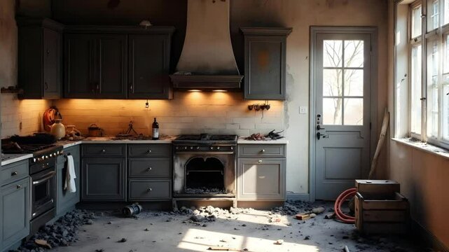 Fire Damaged Kitchen with Soot and Debris