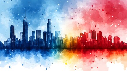 Abstract watercolor for Colombia National Day blending flag colors with skyline silhouettes and lush greenery representing national pride