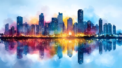 Fototapeta premium Abstract watercolor for Colombia National Day blending flag colors with skyline silhouettes and lush greenery representing national pride