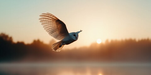 A barn owl gliding over a misty UK field at dawn, wings fully spread and sharp eyes focused below