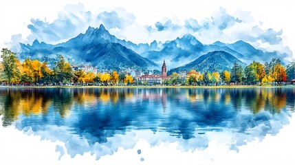 Obraz premium Watercolor artwork for Colombia National Day soft brushstrokes of Andean mountains flag motifs and colorful town scenes celebrating heritage