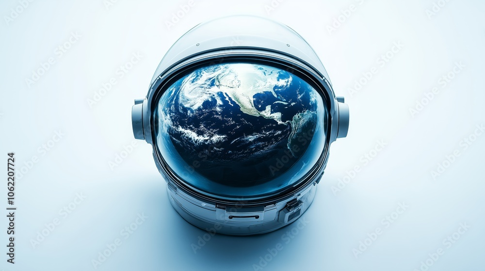 Wall mural a close-up view of an astronaut helmet reflecting earth, with a minimalistic background emphasizing 