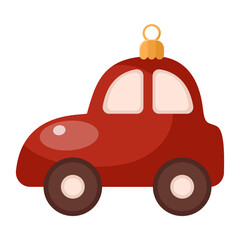 Christmas tree decoration in shape of red car. Old-fashioned vintage seasonal glass toy suspended on laces for Xmas fir plant to traditional winter holidays. Cartoon vector illustration.