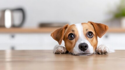 Dog and Dining Table: A dog playfully biting the edge of a dining table.