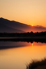 Obraz premium Golden Sunset Reflection on Calm Lake