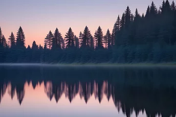 Fototapete Wald im Nebel Twilight Mirror Over Serene Lake  © abidali