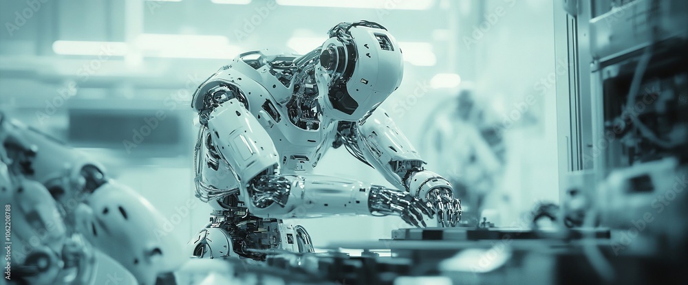 Aufkleber a white robotic arm works on a task in a futuristic factory setting.