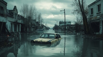 A flooded urban street features a partially submerged yellow car, surrounded by abandoned buildings and murky water under a cloudy sky