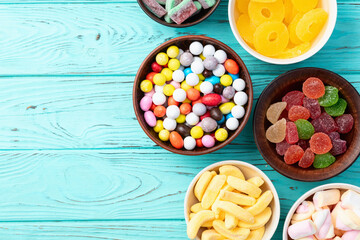 Mix of colorful candies . Top view